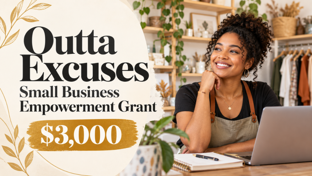 Woman entrepreneur at a laptop beside the text “Outta Excuses Small Business Empowerment Grant” and “$3,000.”